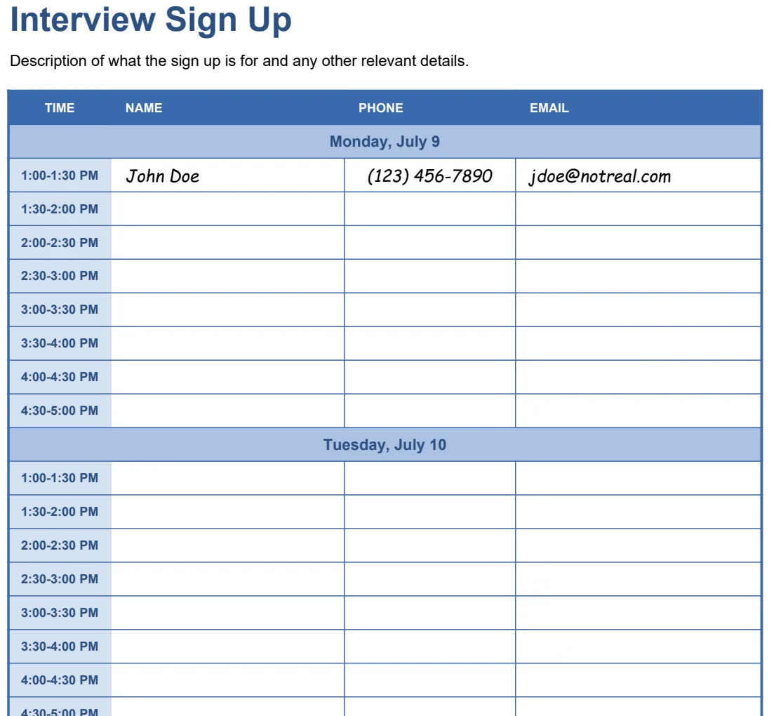 Interview Sign Up Sheet preview