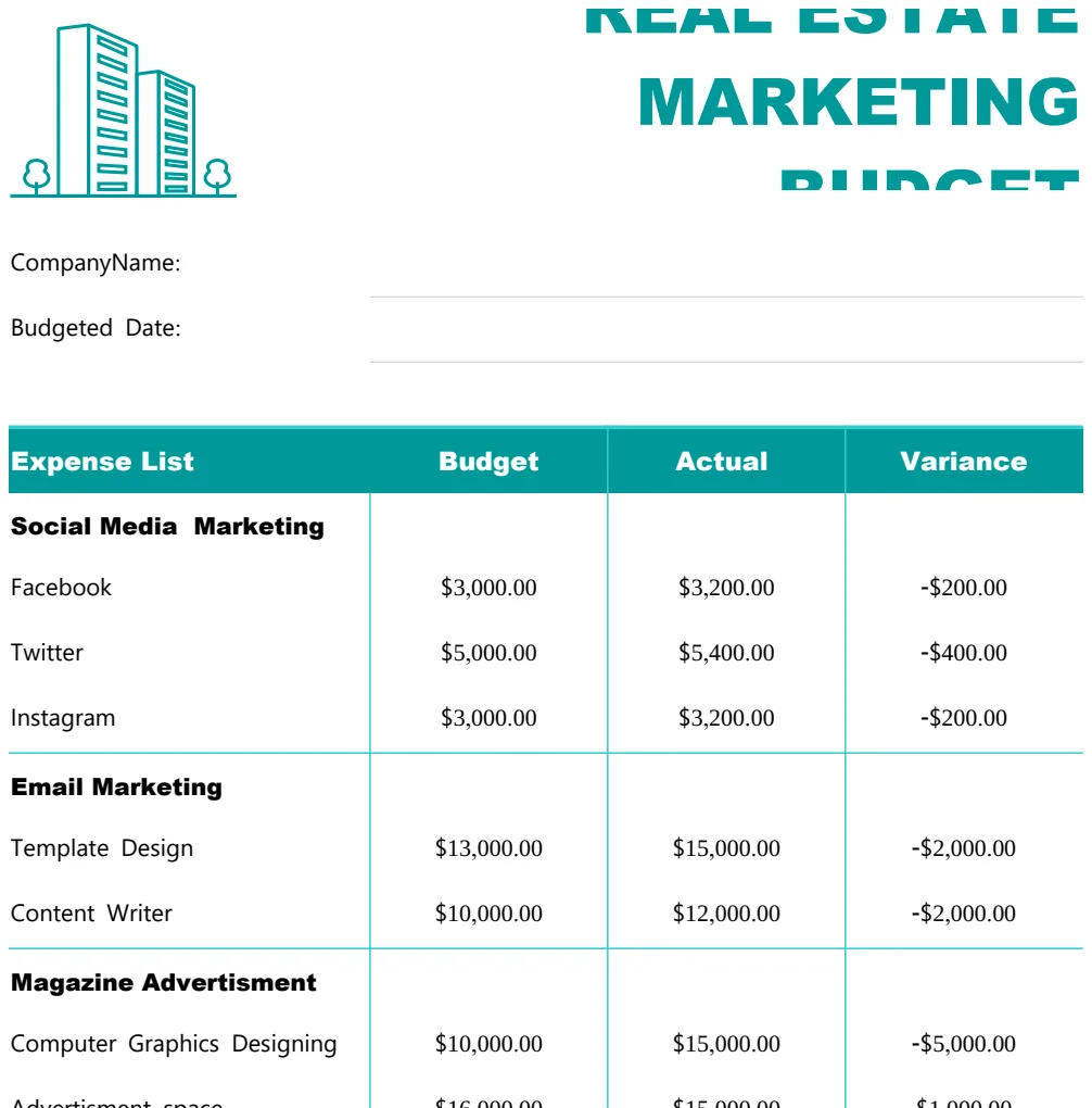 Real Estate Marketing Budget Template US preview