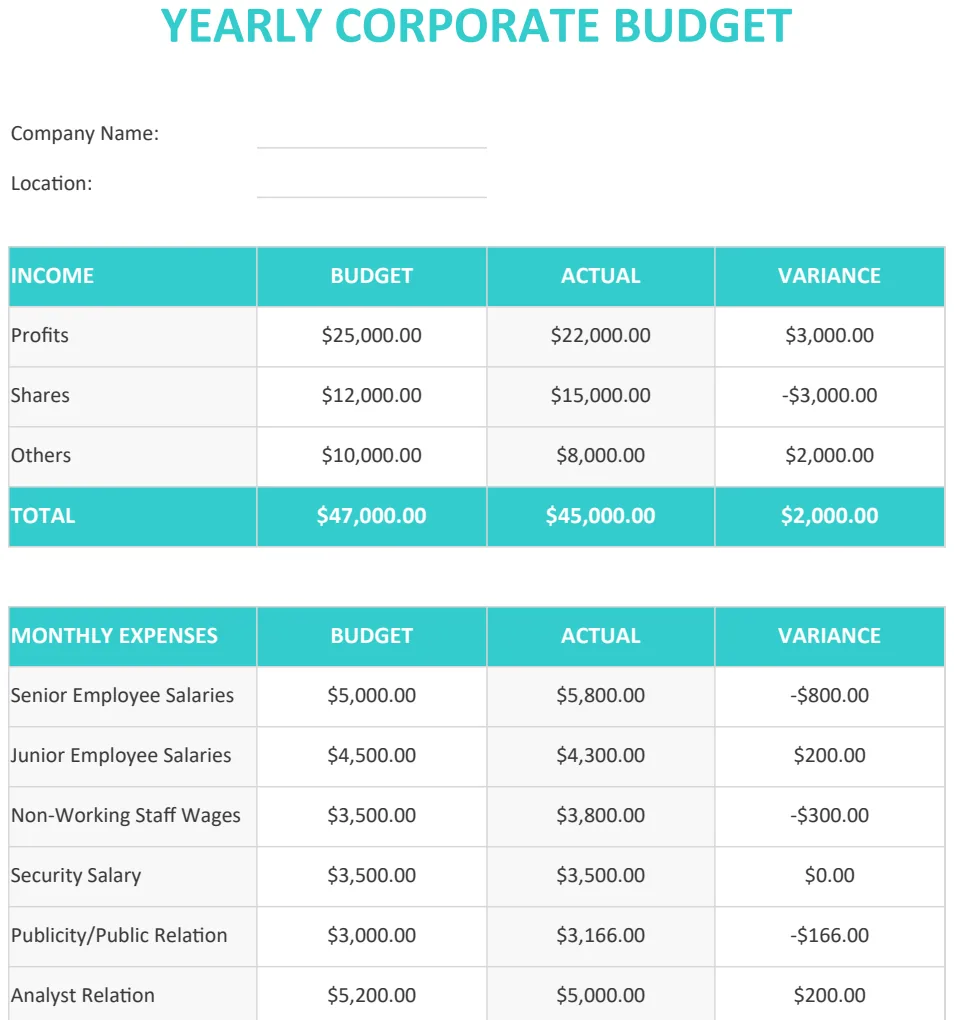 Yearly Corporate Budget Template US preview