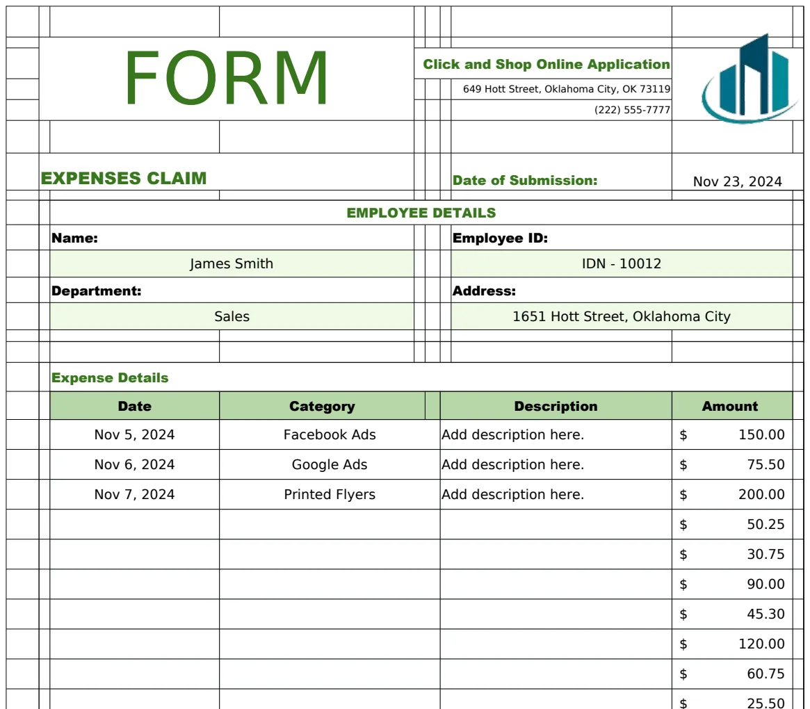 Advertising Expense Claim Form for Departments Template preview