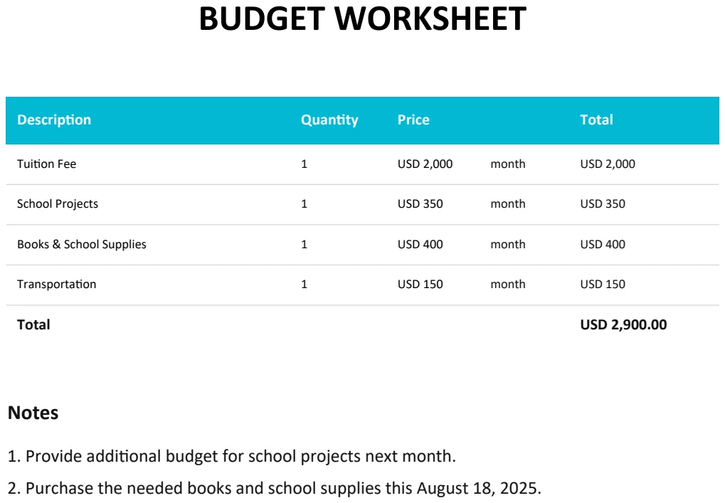 Budget Worksheet Template preview