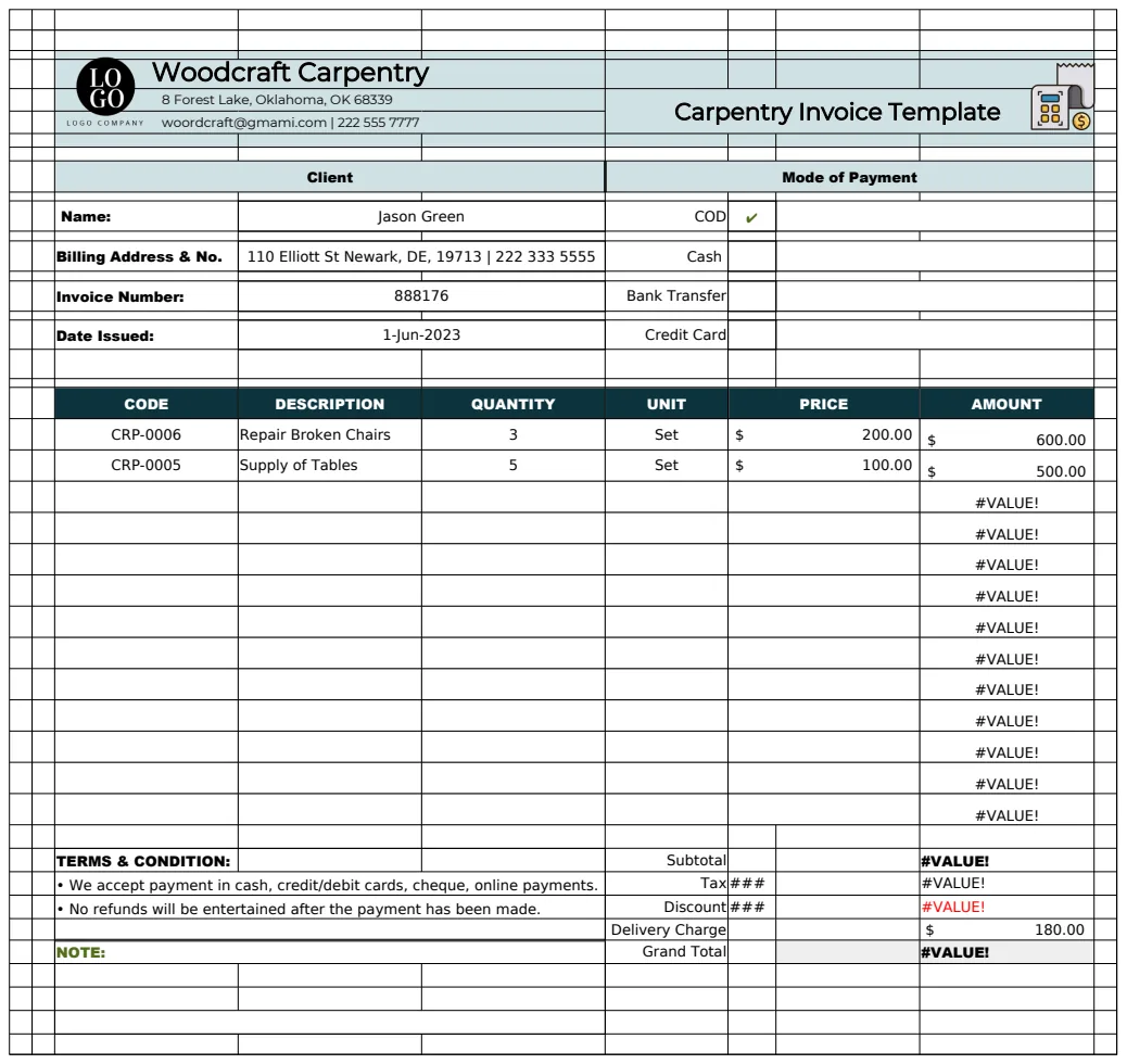 Carpentry Invoice Template preview