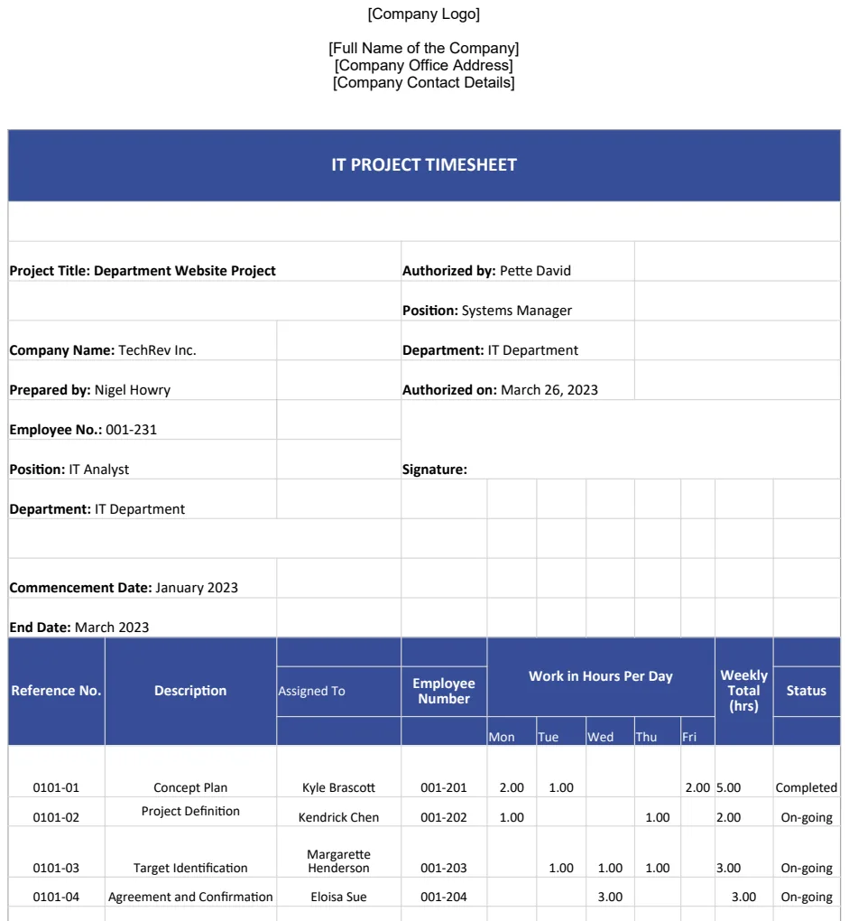 IT Projects Timesheet Template US preview