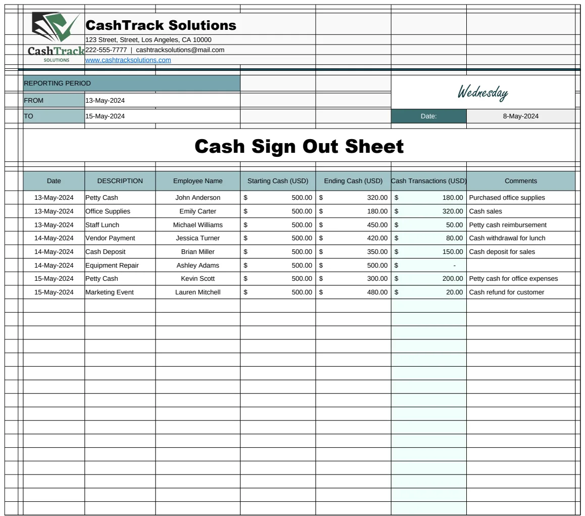 Cash Sign Out Sheet Template preview
