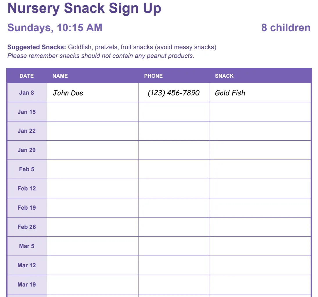 Nursery Snack Sign Up Sheet preview