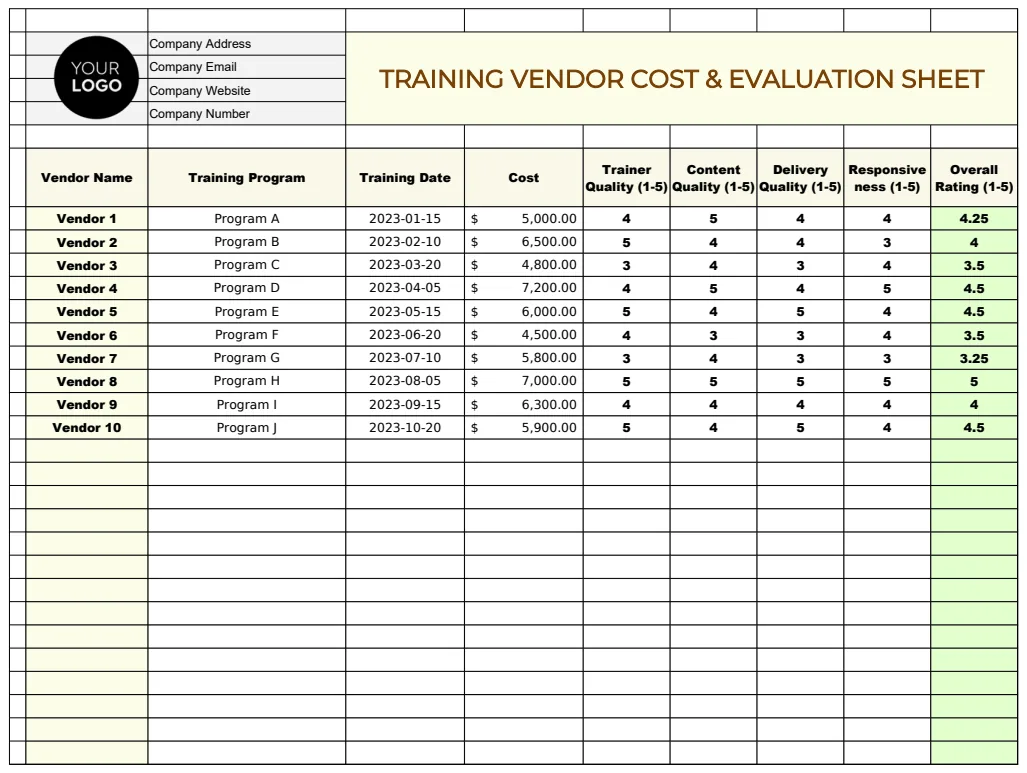 Training Vendor Cost & Evaluation Sheet HR Template preview
