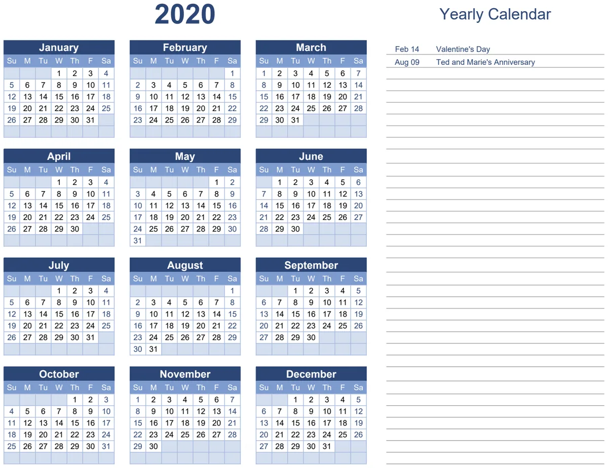 Yearly Calendar with Notes preview