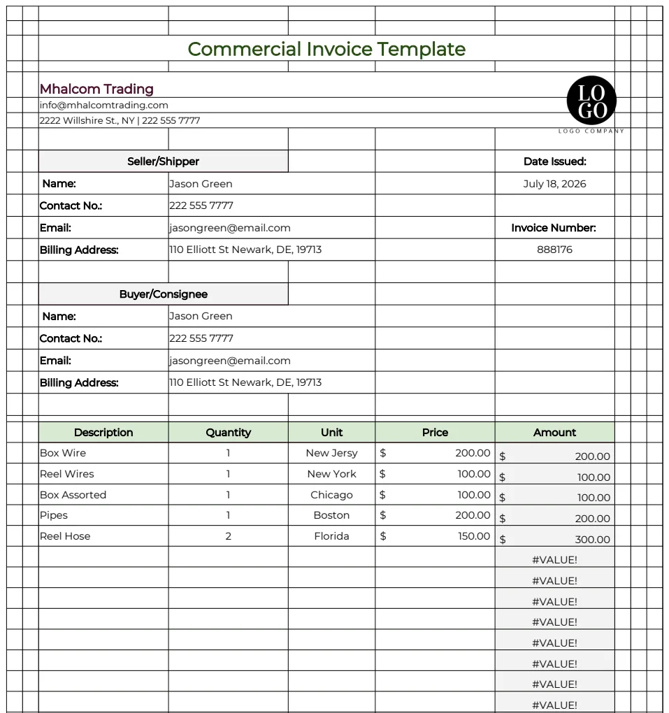 Commercial Invoice Template preview
