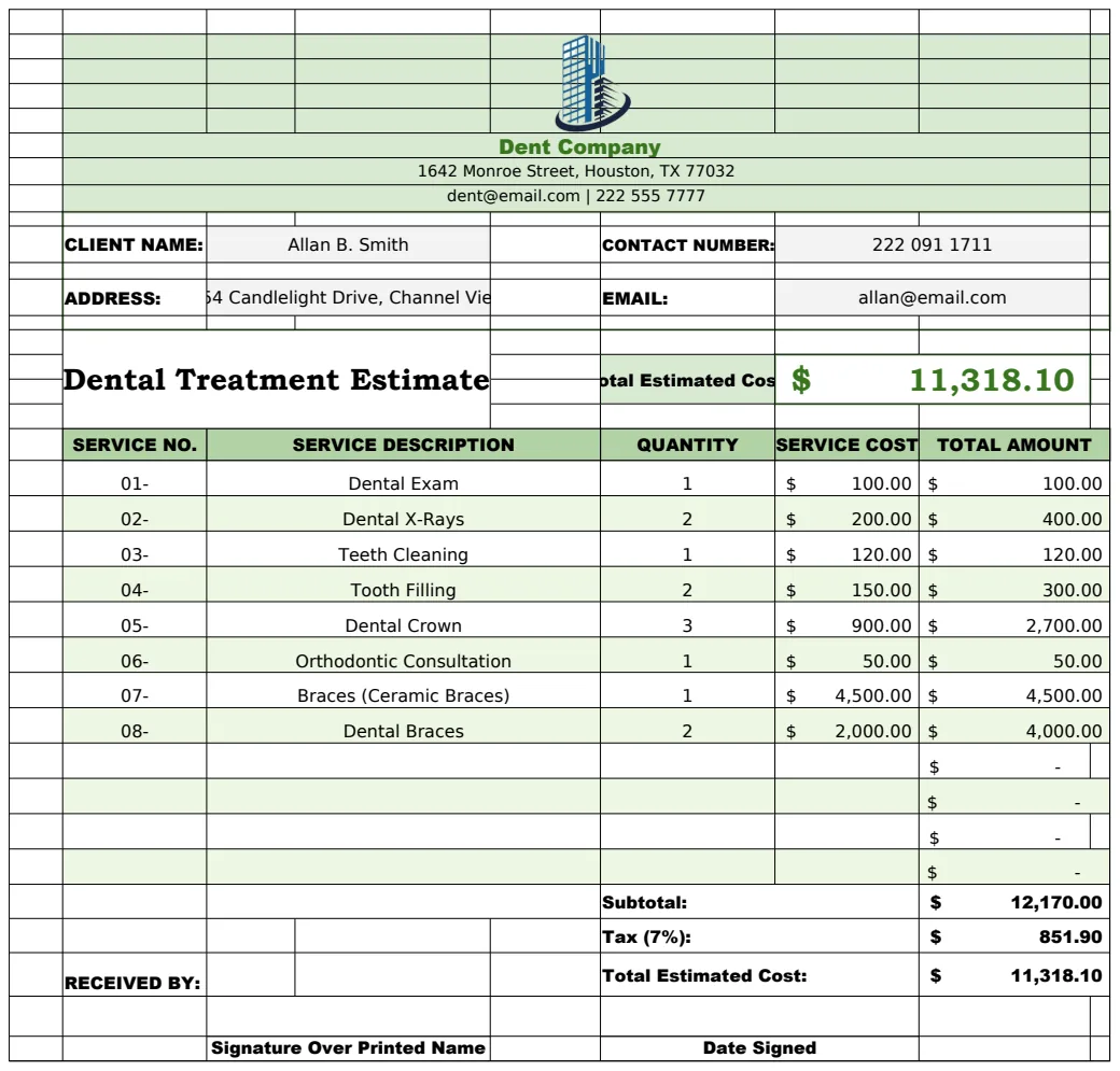 Dental Treatment Estimate Template preview