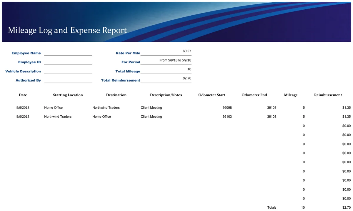 Blue Mileage and Expense Report preview
