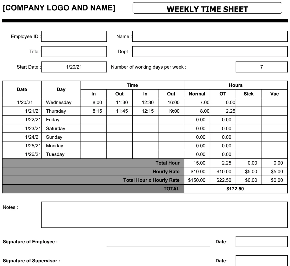 Weekly Time Sheet preview