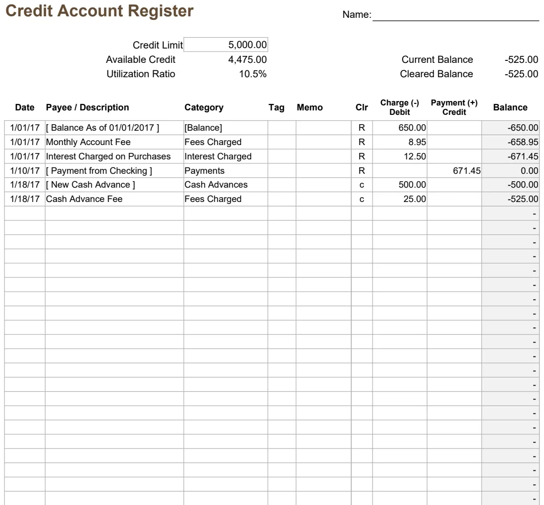 Credit Account Register preview