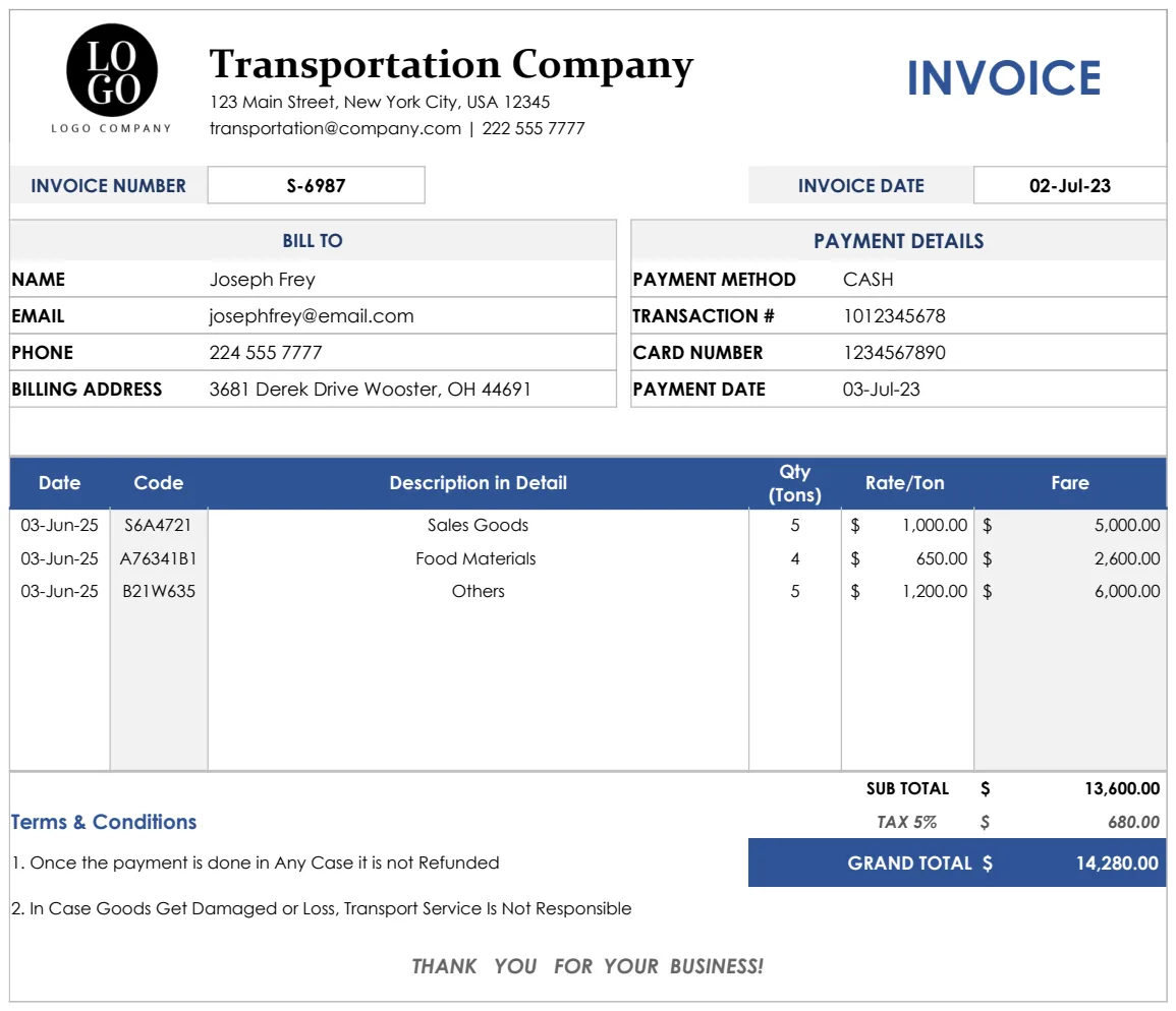 Transportation Invoice Template preview
