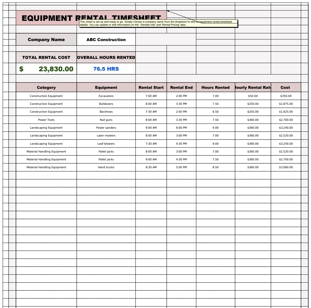 Equipment Rental Timesheet Template template preview