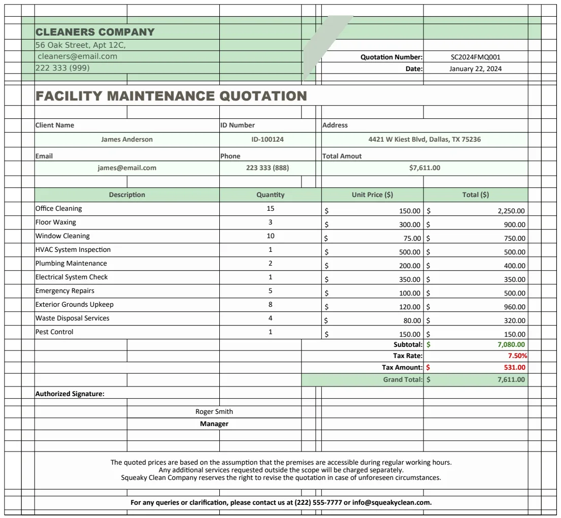 Facility Maintenance Quotation Template preview