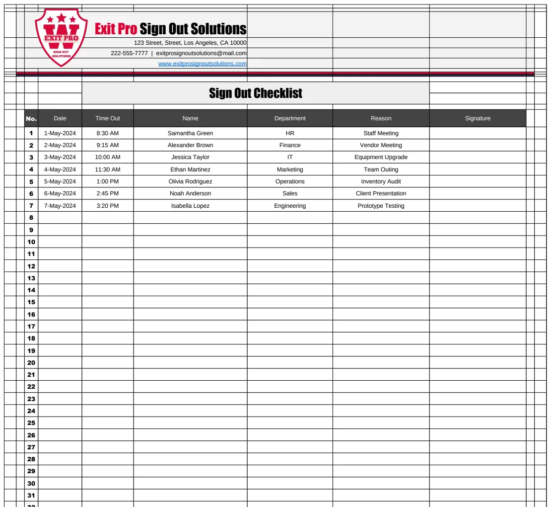 Sign Out Checklist Template preview