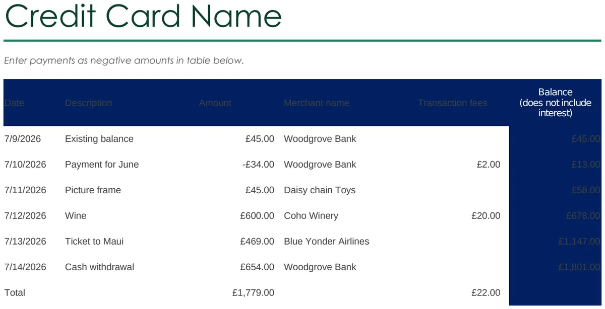 Credit Card Log preview