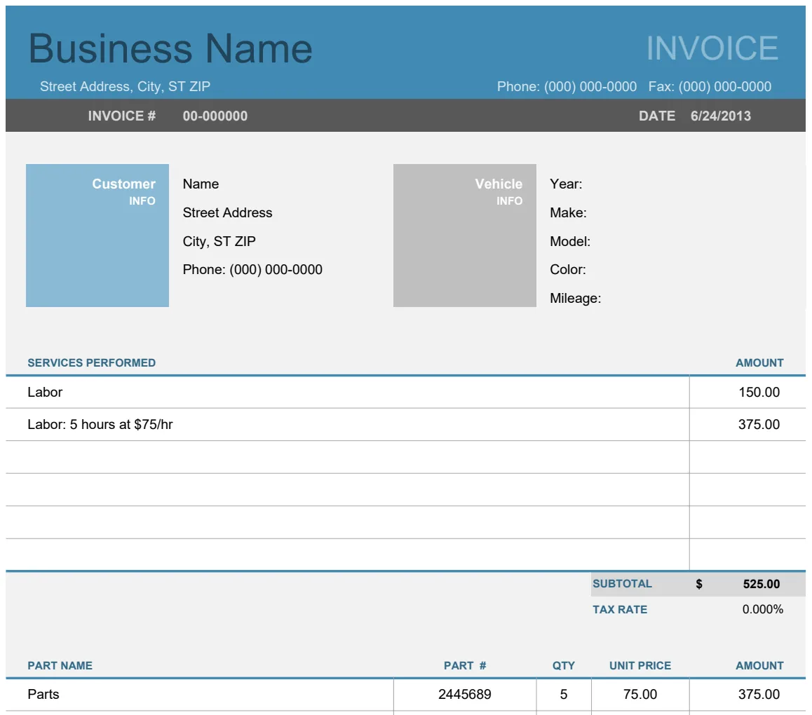 Auto Repair Invoice Template preview