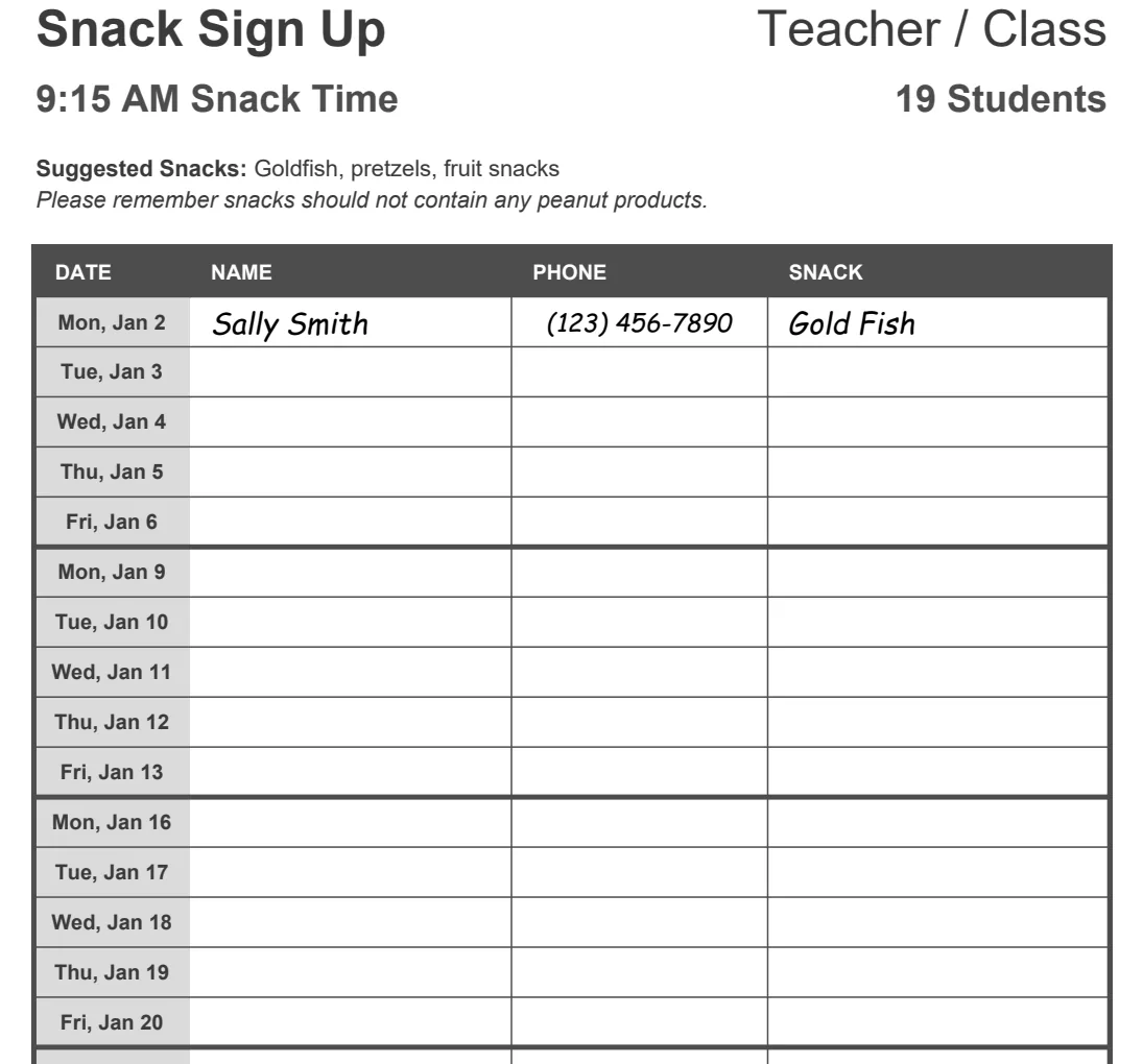Classroom Snack Schedule & Sign-Up Sheet preview