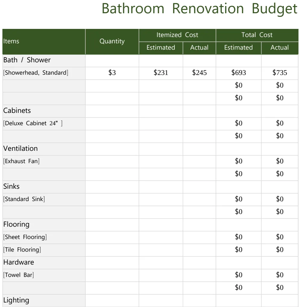 Bathroom Renovation Budget Template preview