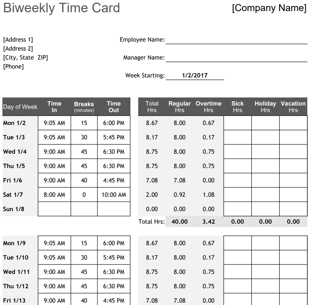 Biweekly Time Card Calculator preview