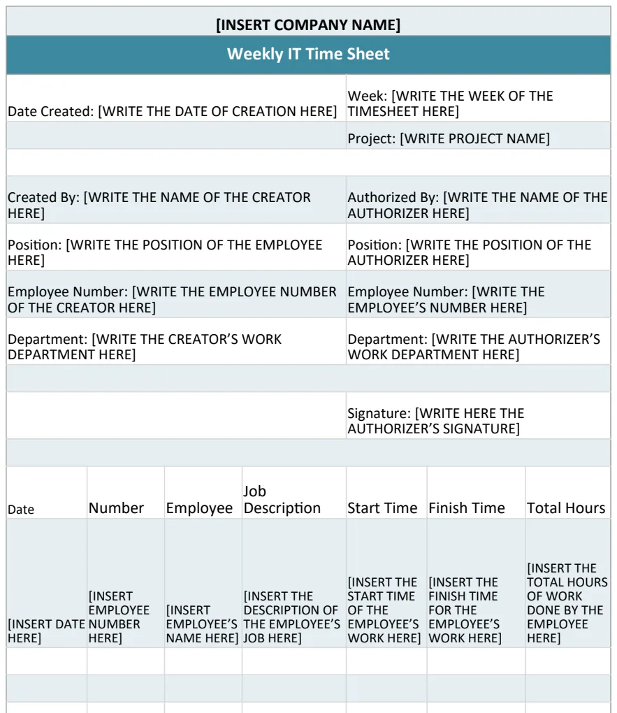Weekly IT Time Sheet Template US preview