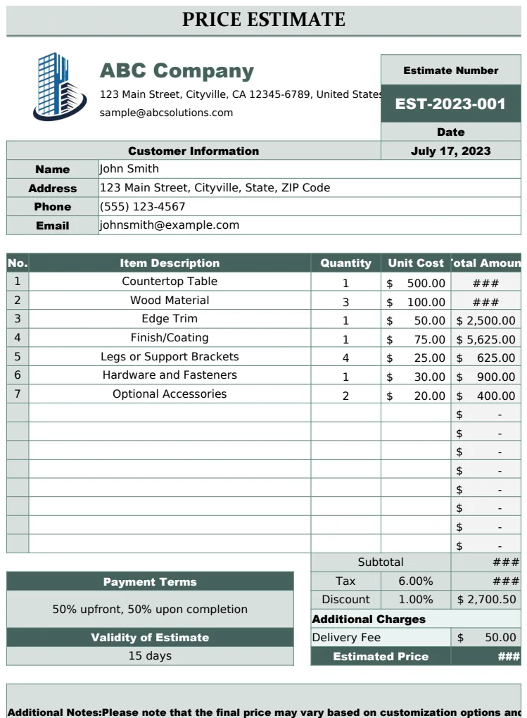 Price Estimate preview