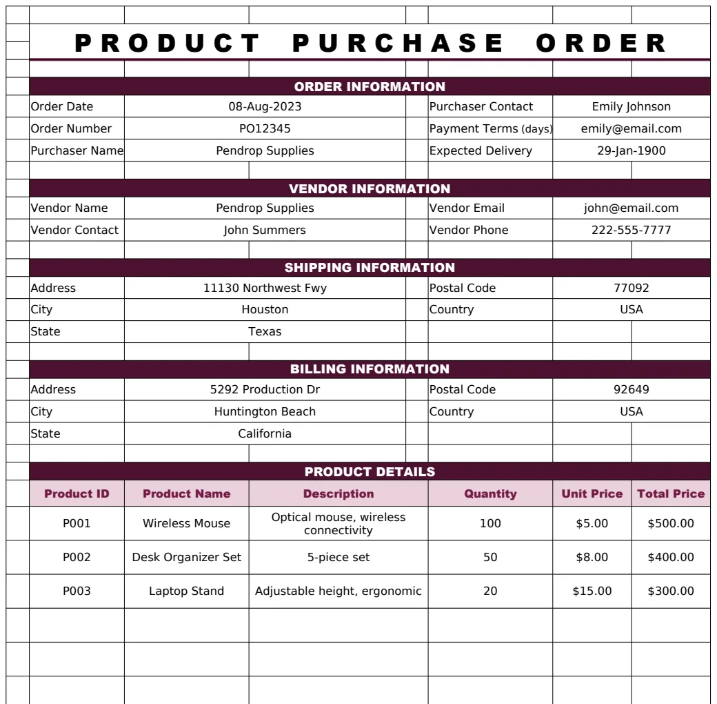 Product Purchase Order Form Template preview