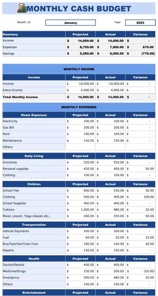 Monthly Cash Budget Template preview