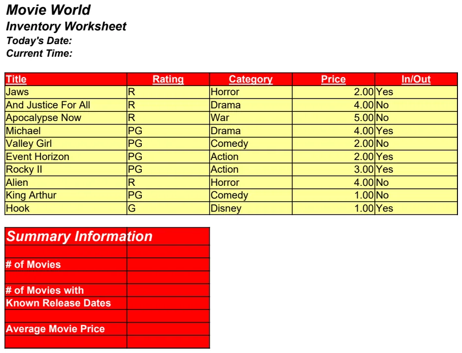 Movie World Inventory Worksheet preview