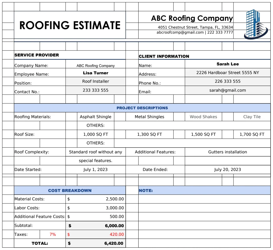 Roofing Estimate Template preview