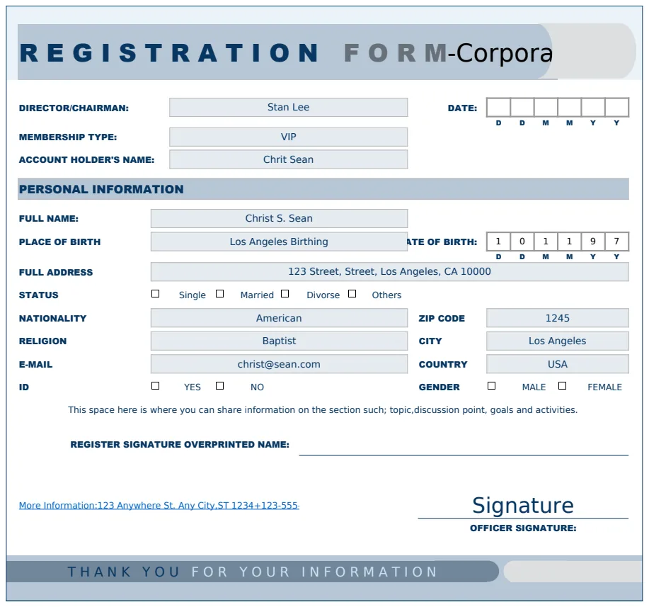 Corporate Registration Form Template preview