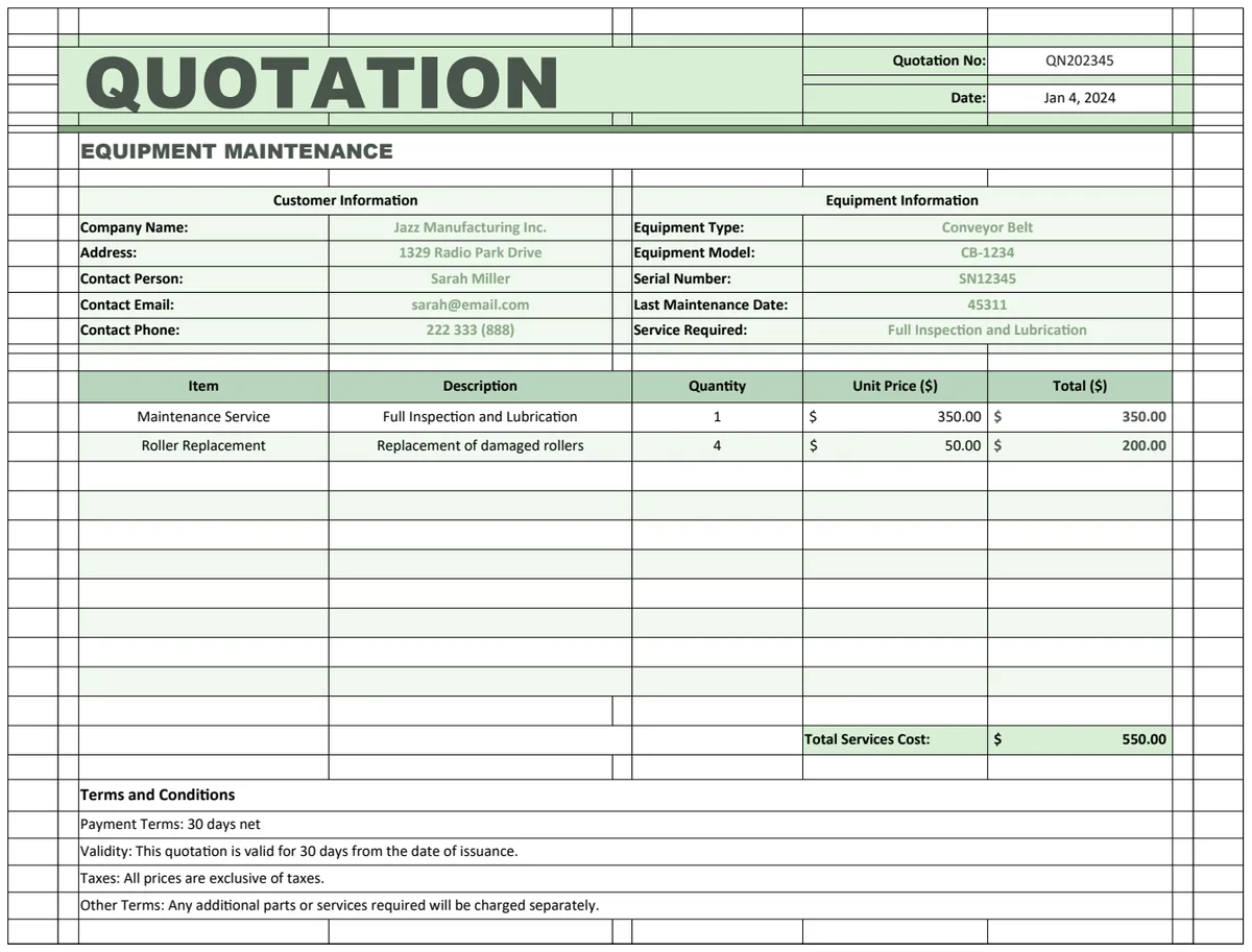 Equipment Maintenance Quotation Template preview