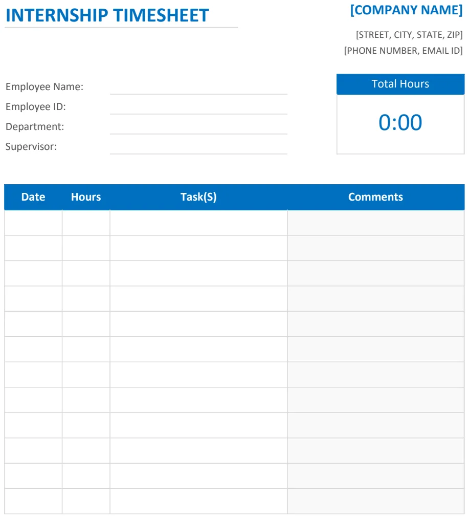Internship Timesheet Template preview