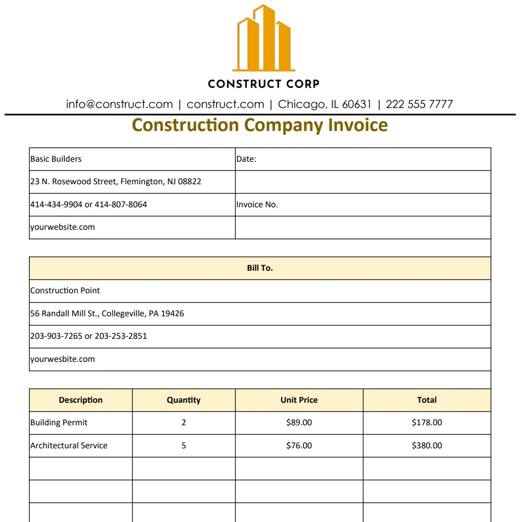 Construction Company Invoice preview