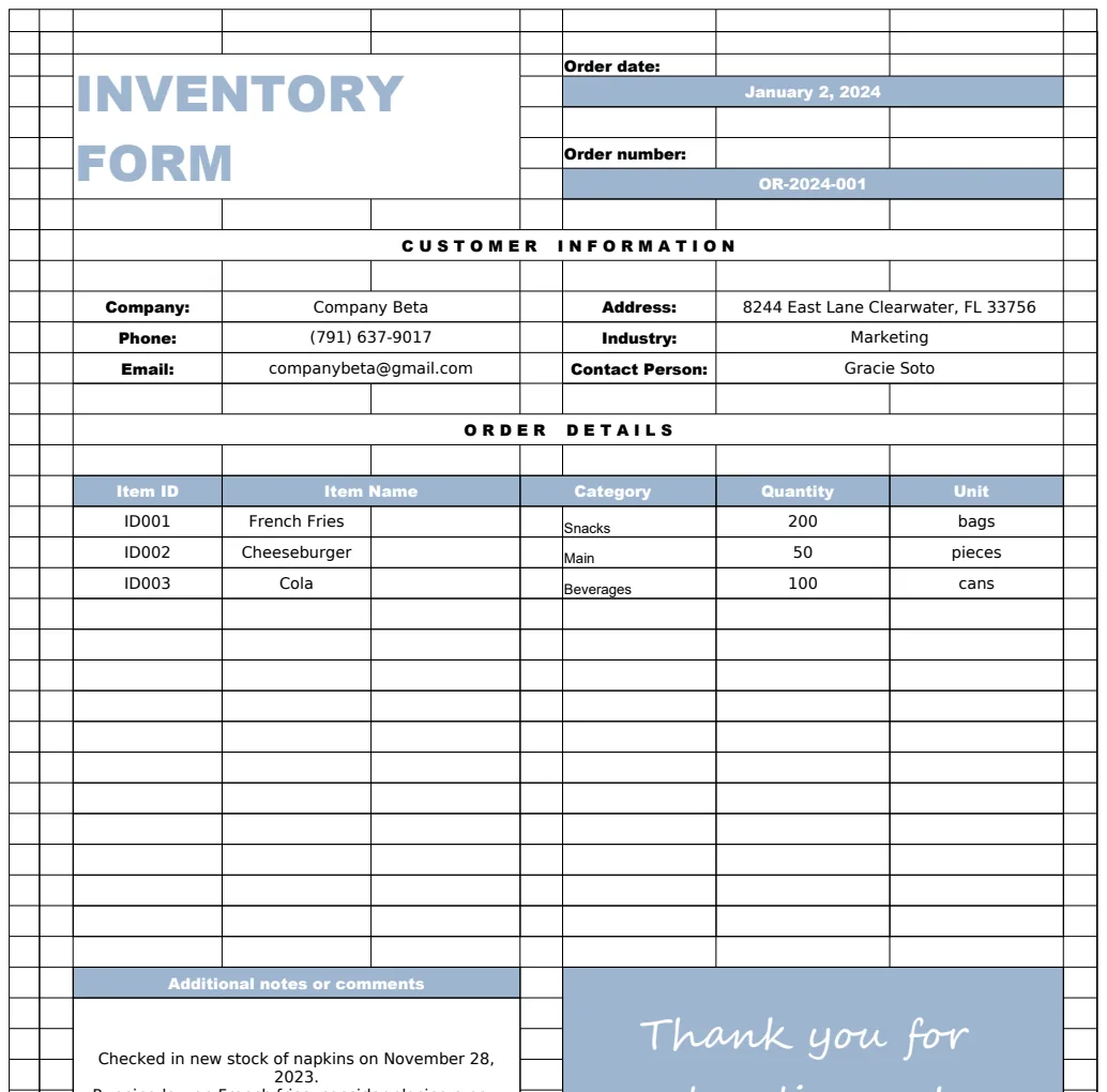 Inventory Form Template preview
