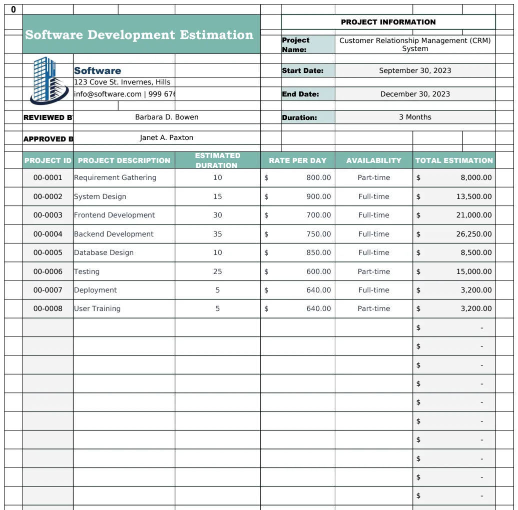Software Development Estimation Template preview