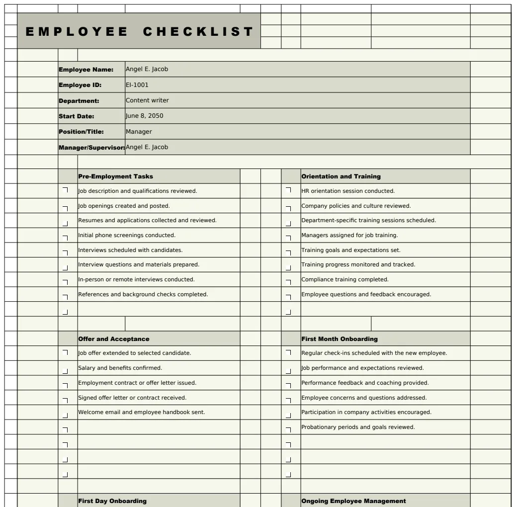 Employee Checklist Template template preview