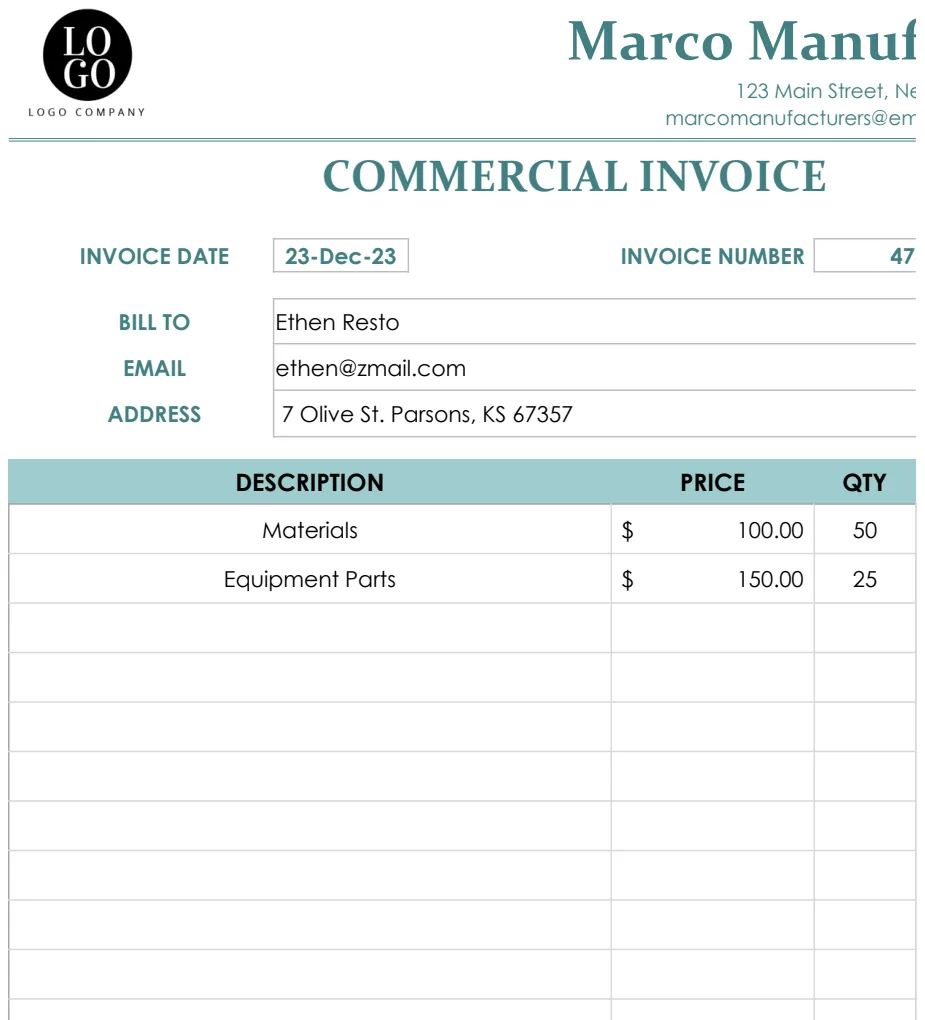 Commercial Invoice Template For Export preview