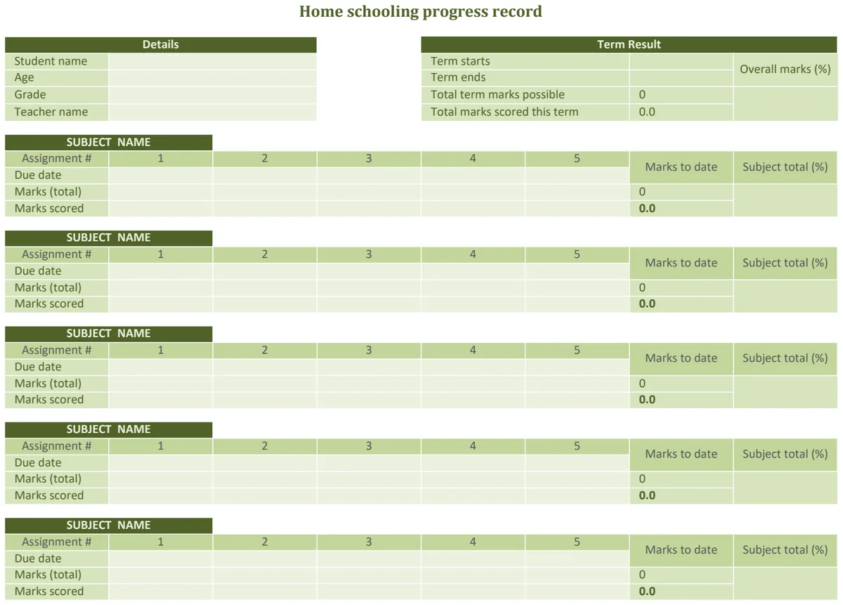 Home Schooling Progress Record template preview