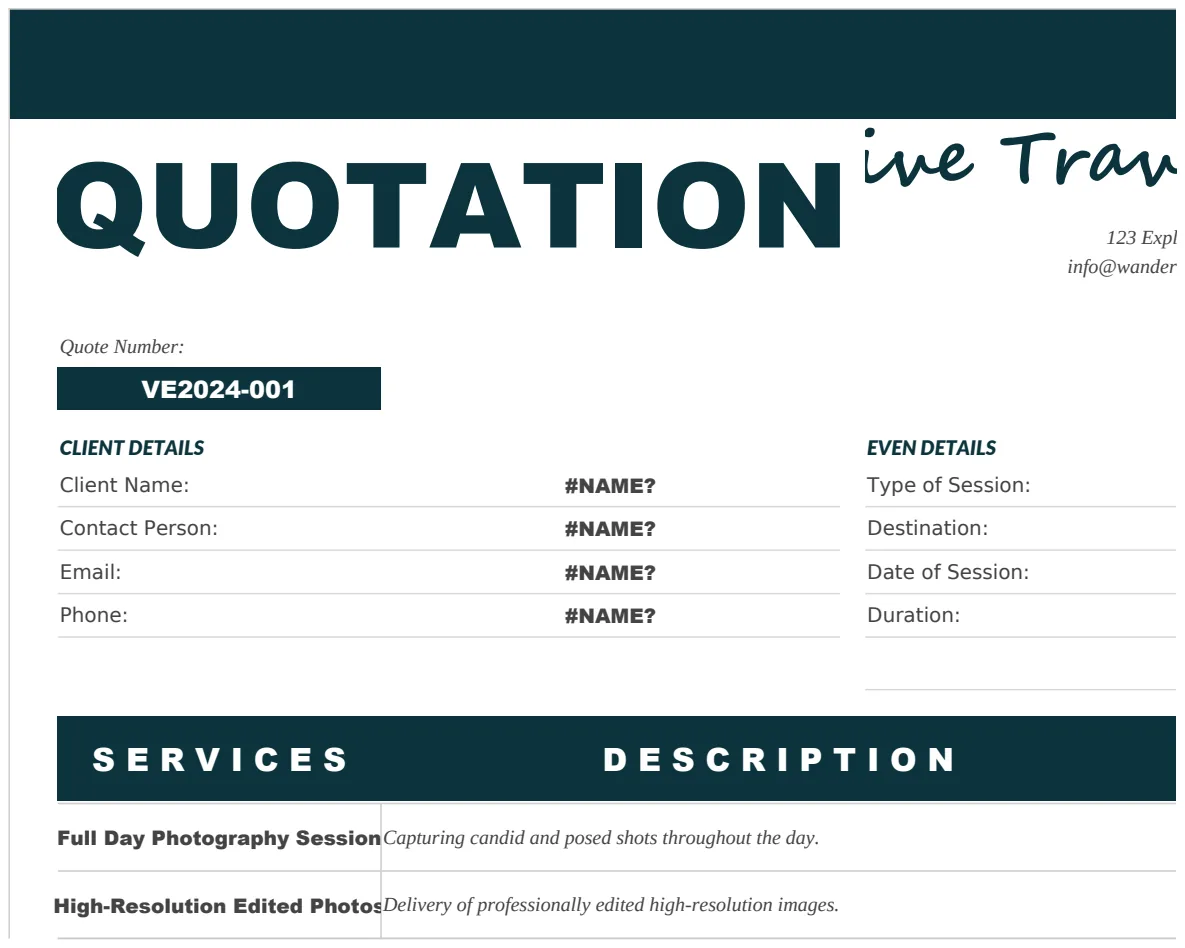 Travel Photography Services Quotation Template preview