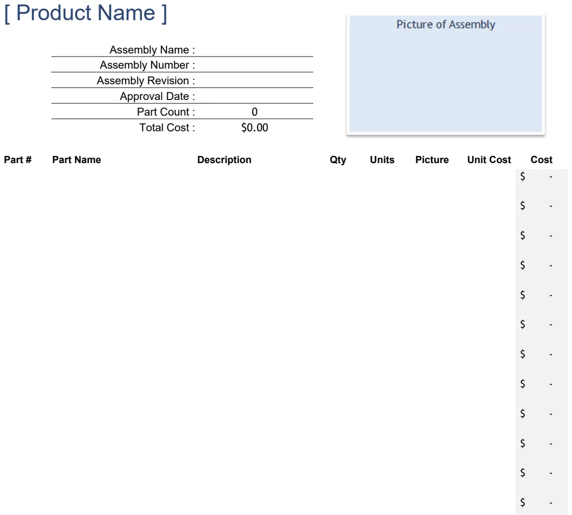 Bills of Material Template preview