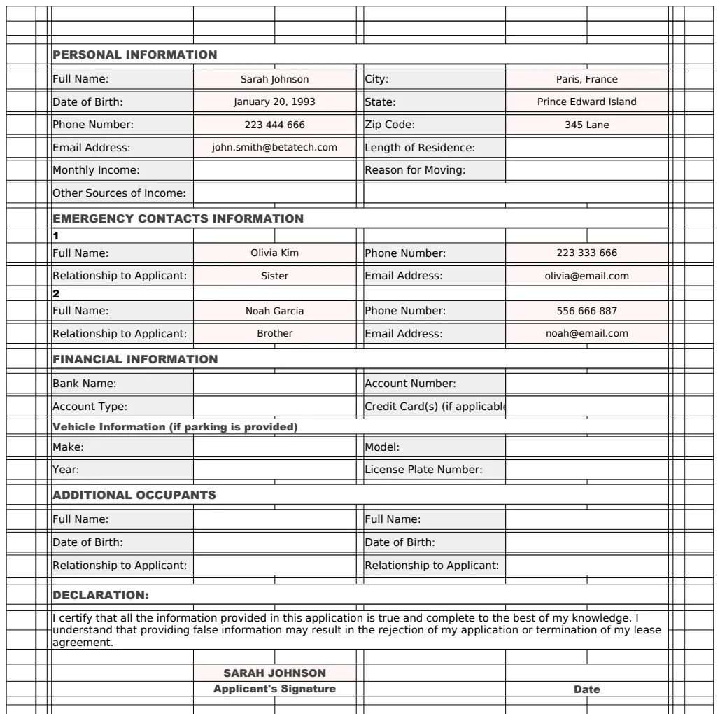 Tenant Application Form Template preview