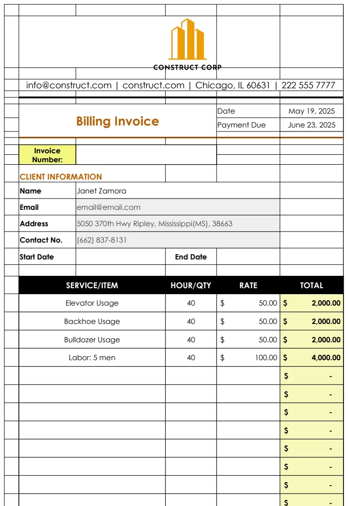 Construction Billing Invoice Template preview