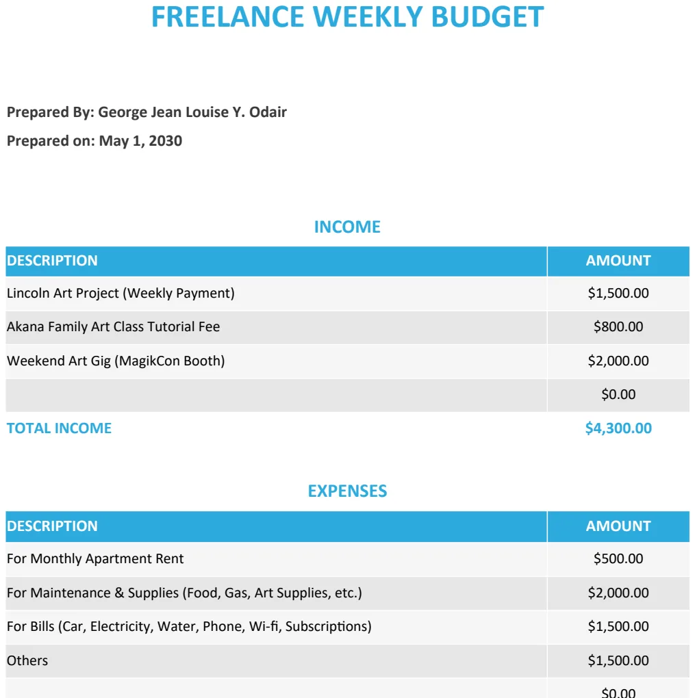 Free Weekly Freelance Budget Template preview