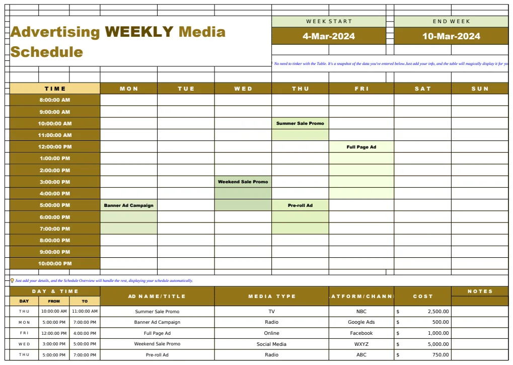 Advertising Weekly Media Schedule Template preview