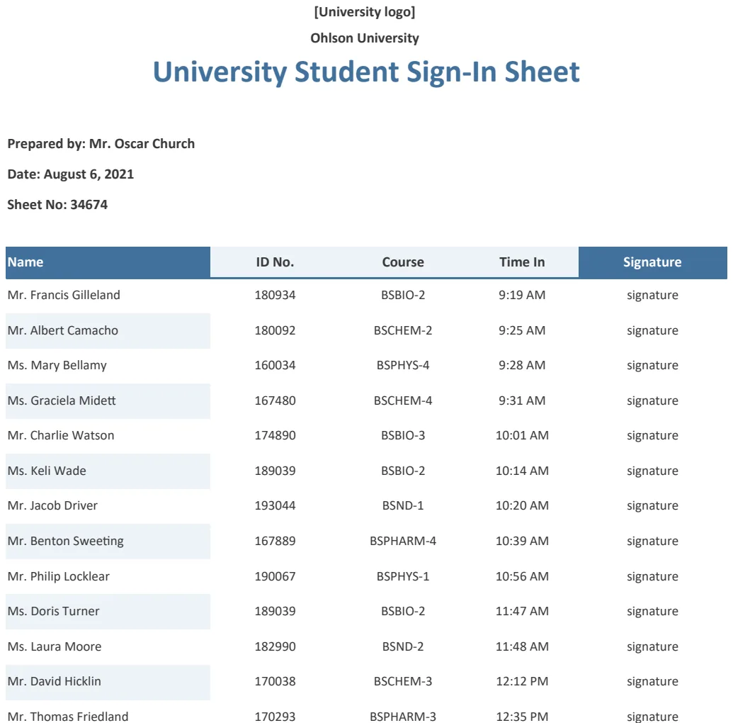 University Student Sign-In Sheet preview