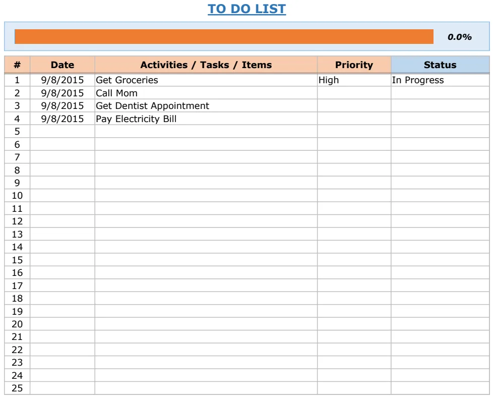 Excel To Do List with Drop Down Status Tracking preview