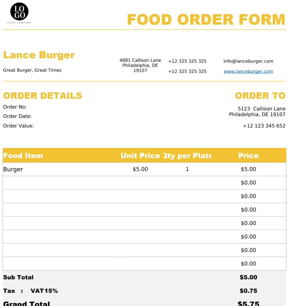 Food Order Form Template template preview