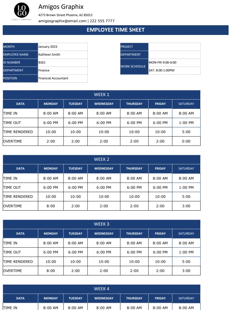 IT Employee Time Sheet Template US preview